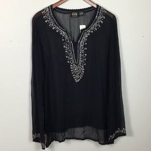 NWT. Sheer black beaded long sleeve top heart med